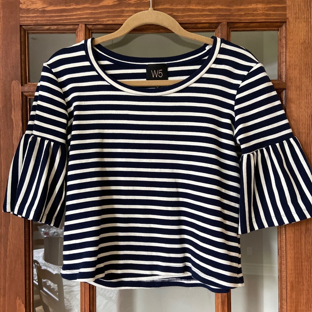 Navy White Striped Short Sleeved Shirt Small